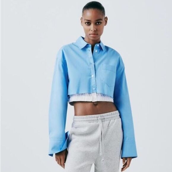 ZARA GABARDINE CROP SHIRT BLUISH - Picture 2 of 6